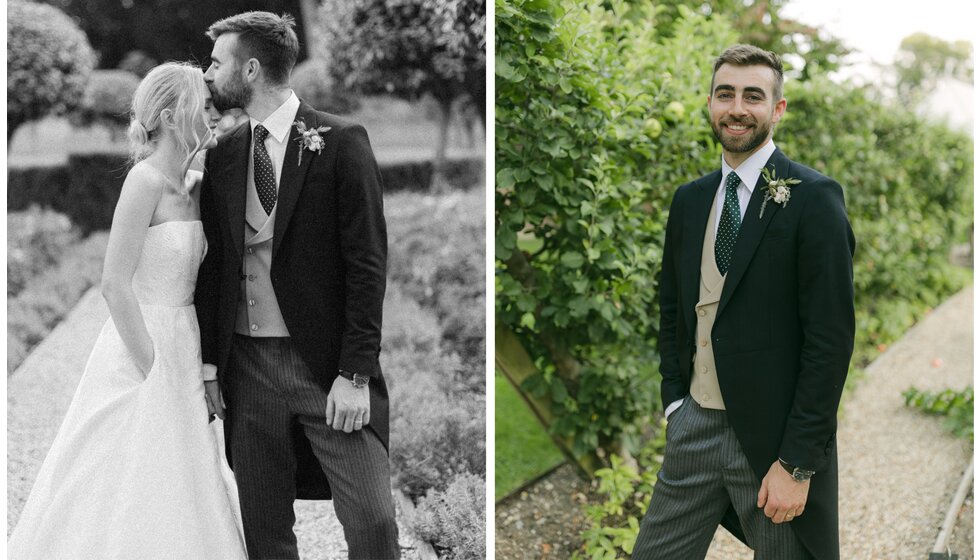 Groom wearing a morning suit from Favourbrook for his country garden wedding in Hampshire