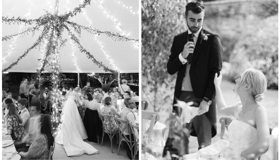 Bride and groom's memorable moments captured in the wedding marquee.