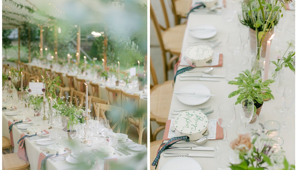 Detail of the pastel-themed wedding table featuring delicate garden flowers, simple tableware and custom wedding tambourines