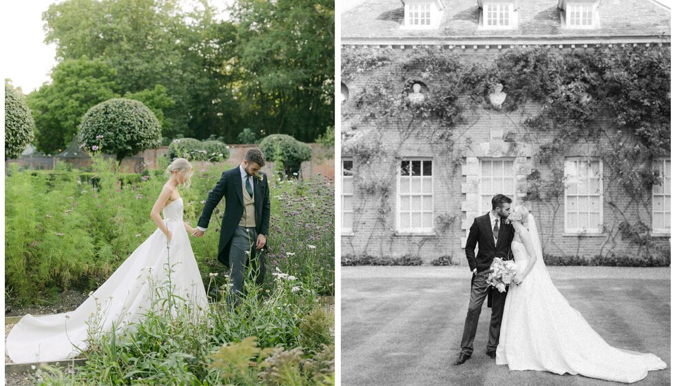 Bride and groom walk through their Hampshire country garden wedding venue.