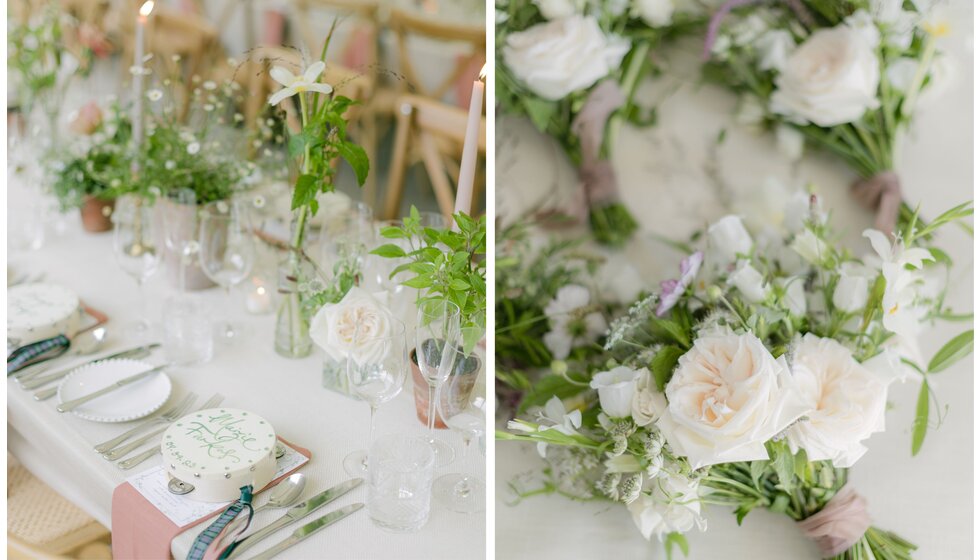 White and pastel floral table decoration featuring roses, marguerites and green foliage.