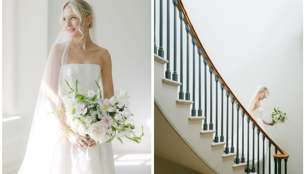 Bride in sleeveless Sassi Holford dress and veil at Hampshire country house wedding venue.