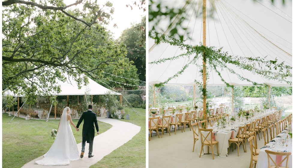 Traditional wedding marquee with garden-themed decor set in Hampshire's picturesque countryside.