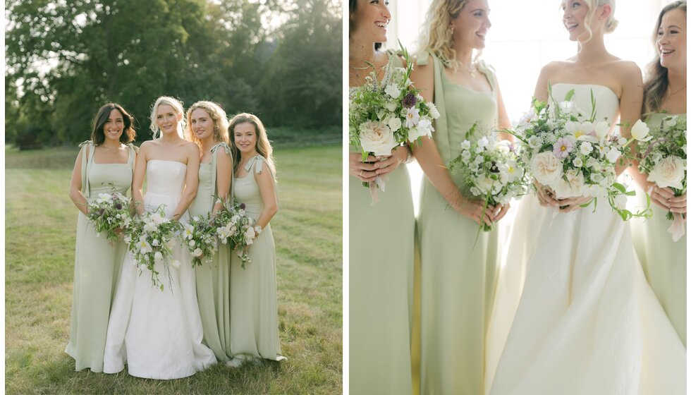 Bride and bridesmaids in pastel-green dresses smile in the garden of the Hampshire country wedding venue.