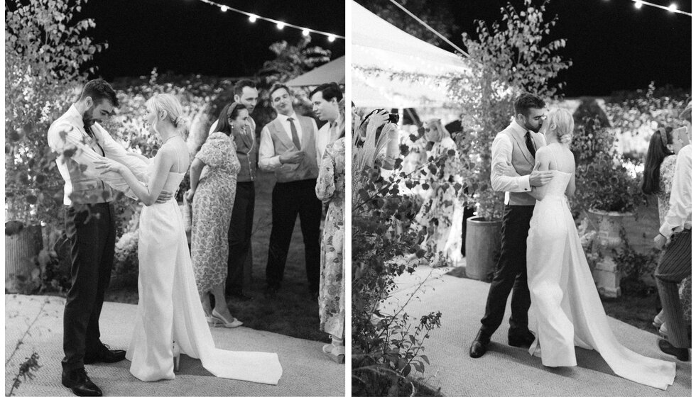 Bride and groom share tender moments on the dancefloor at their Hampshire garden marquee wedding.