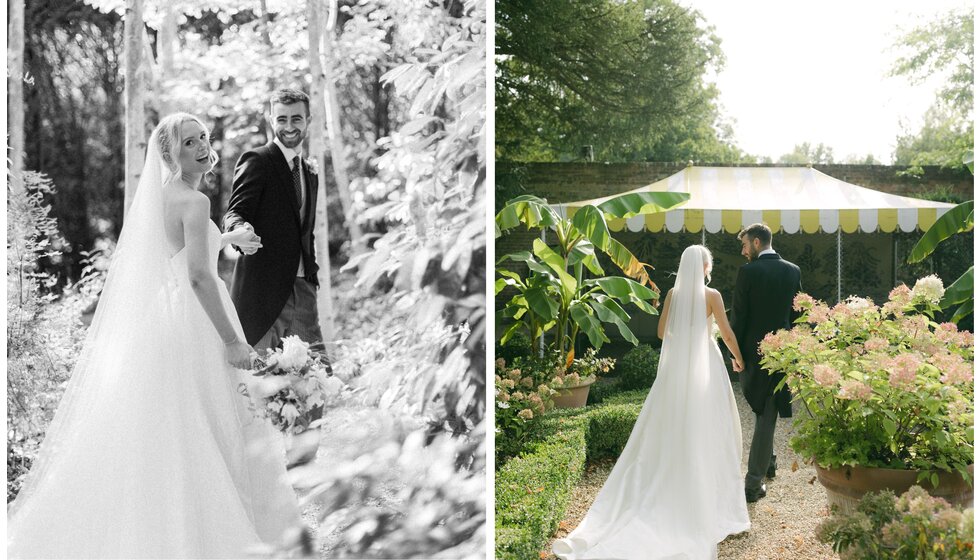 Bride and groom stroll through the picturesque English garden of their Hampshire country house wedding venue.